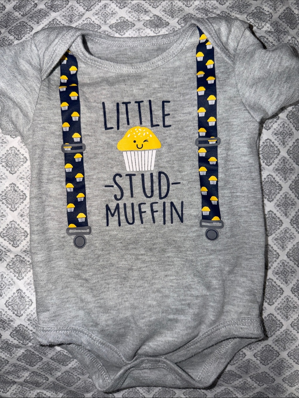 Gray Baby Onesie "Little Stud Muffin" with Yellow Muffin Graphic